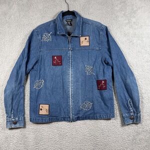 NorthCrest Jacket Womens Large Denim Embroidered Leaves Patch Fall Zip Autumn